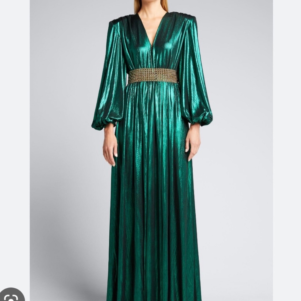Bronx and Banco Zoe Metallic Lame Blouson-Sleeve Gown